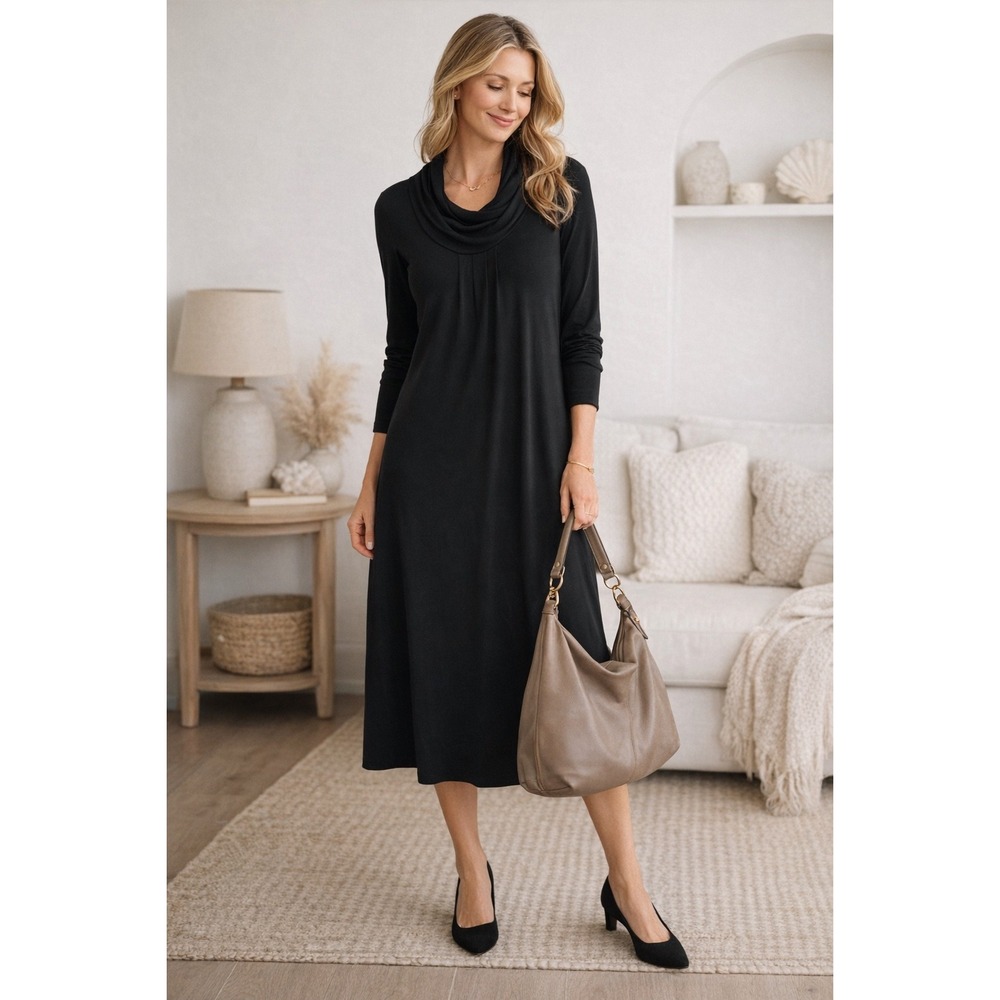 J Jill Black Cowl Neck Dress XL Stretch Knit‎ Long Sleeve Midi Minimalist